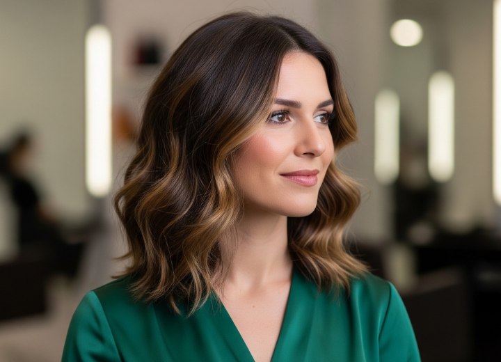 Coupe de cheveux châtain mi-longue avec ondulations et mèches caramel