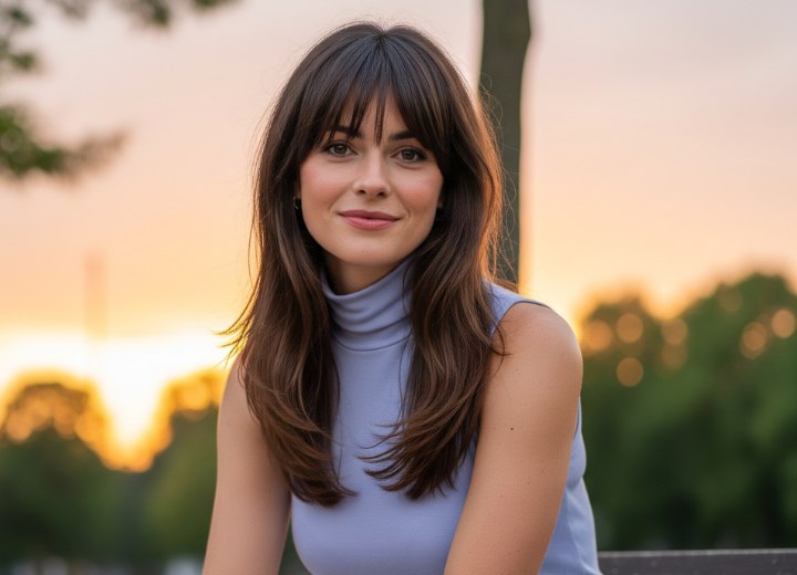 Cheveux longs avec dégradé et frange rideau