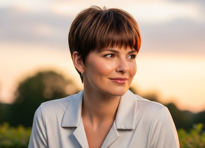 Coupe pixie brune avec mèches