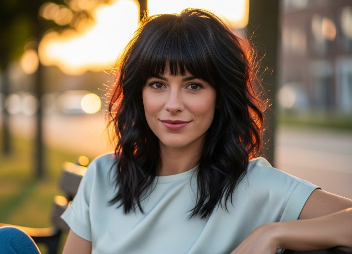 Coiffure longue dégradée avec frange nette