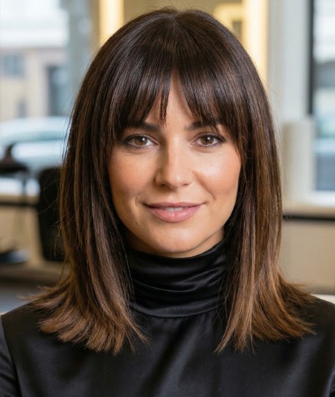 Coiffure longue &eacute;l&eacute;gante avec une frange