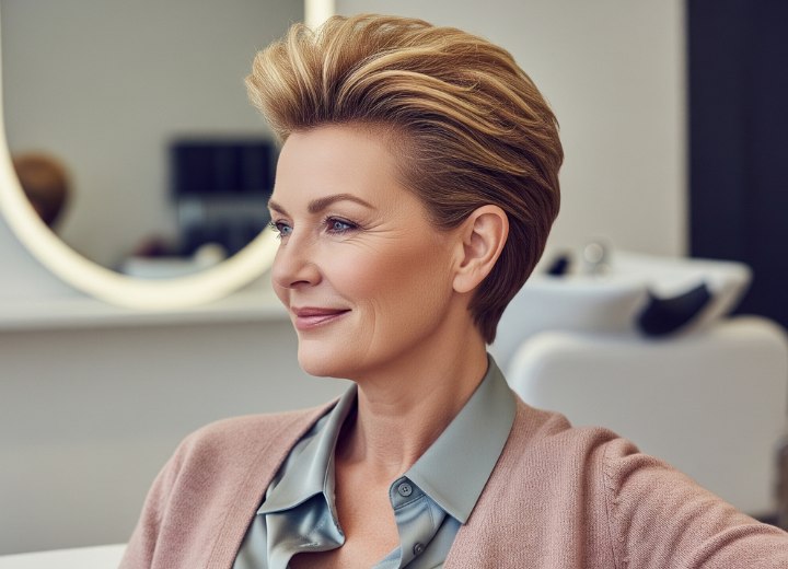 Coupe pixie coiffée vers l’arrière pour femmes âgées