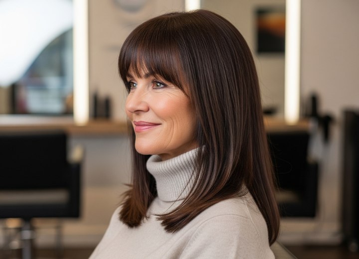 Cheveux longs avec frange pour femmes âgées