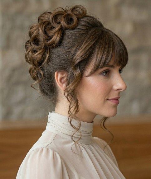Coiffure en chignon romantique avec frange