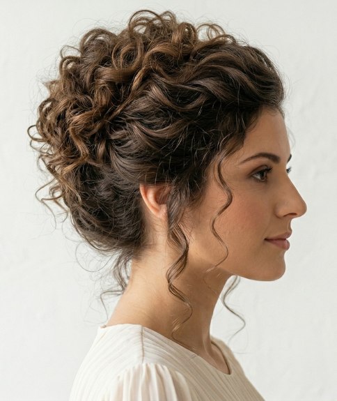 Chignon avec des boucles volumineuses sur le dessus de la t&ecirc;te