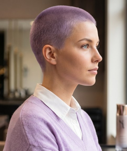 Femme aux cheveux ras&eacute;s dans une couleur pastel