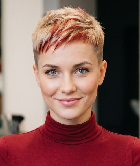 Cheveux tr&egrave;s courts m&ecirc;lant blond et rouge