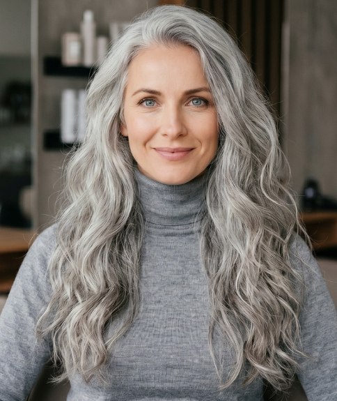 Femme aux cheveux gris tr&egrave;s longs
