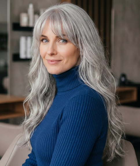 Coiffure tr&egrave;s longue pour cheveux gris