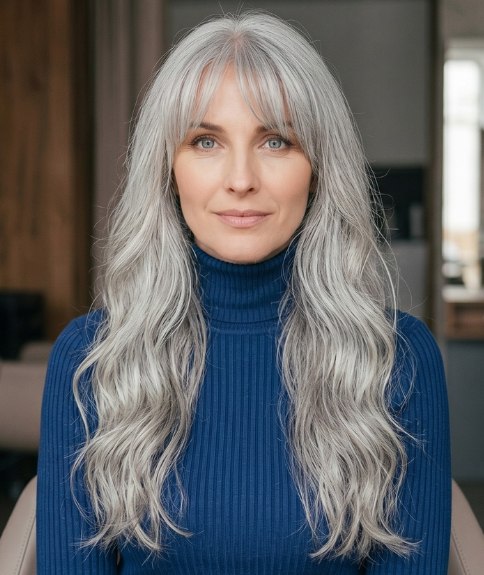 Cheveux gris tr&egrave;s longs avec une frange douce