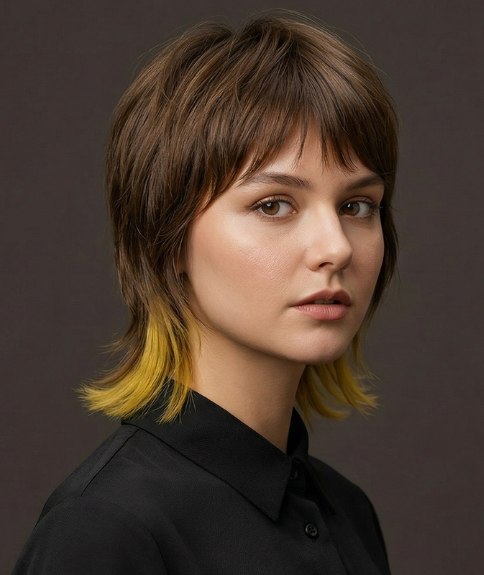 Coupe shag brun avec des pointes jaunes