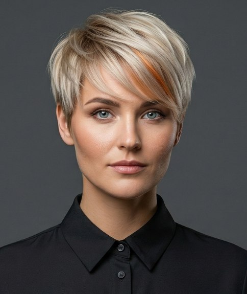 Coupe gar&ccedil;onne blonde avec une couleur d&rsquo;accent cuivr&eacute;e