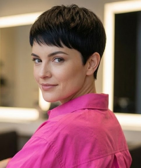 Coupe à la garçonne moderne pour cheveux très foncés, noirs