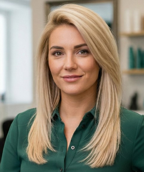 Coiffure longue blonde, lisse et &eacute;l&eacute;gante