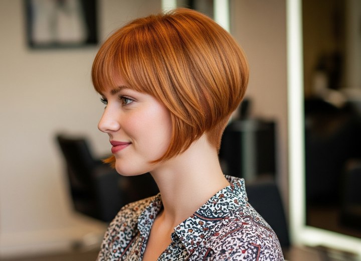Carré cuivré dégradé avec cheveux taillés à la tondeuse sur la nuque