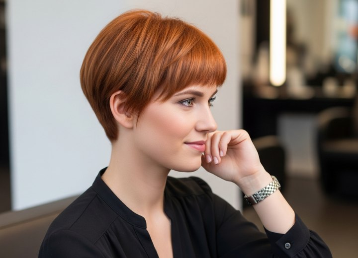 Cheveux courts lissés aux tons cuivrés chauds