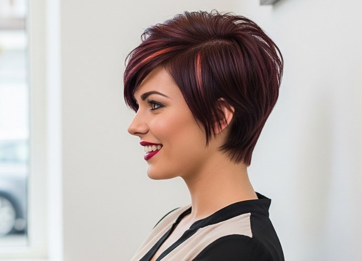 Coupe pixie avec silhouette en A et teinte inspirée du vin