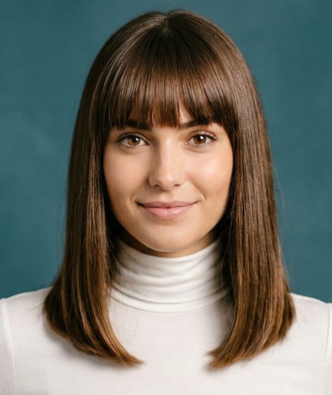 Femme avec des cheveux lisses arrivant juste au-del&agrave; des &eacute;paules, avant sa transformation