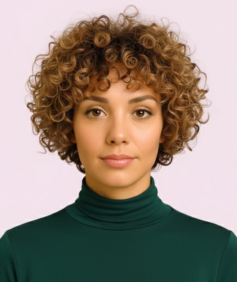 Carré bouclé longueur nuque avec volume et silhouette arrondie