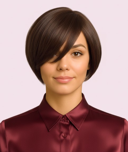 Carré court avec frange latérale qui rajeunit le visage