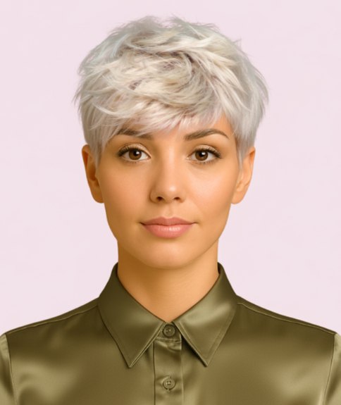 Coiffure courte platine avec dégradé et aspect naturel maîtrisé