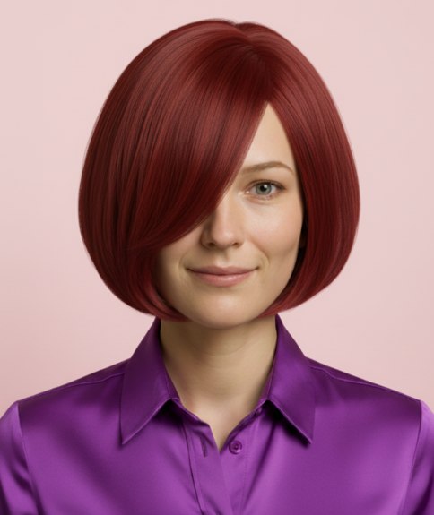 Carré lisse et asymétrique avec frange balayée sur le côté et teinte auburn