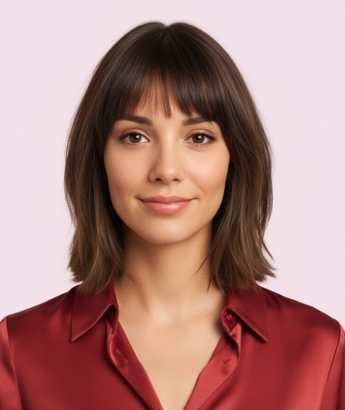 Coiffure mi-longue avec dégradé et frange effilée