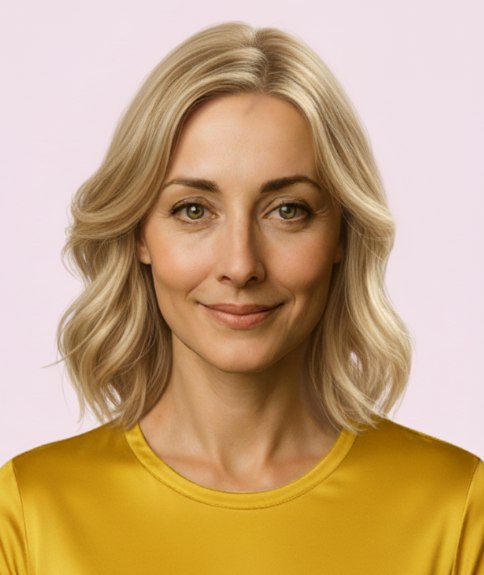 Coiffure mi-longue blonde multidimensionnelle avec légère ondulation