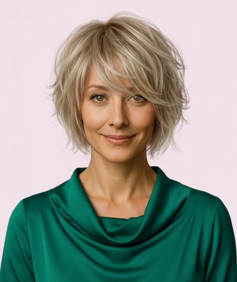 Shag blond moderne avec frange balayée sur le côté