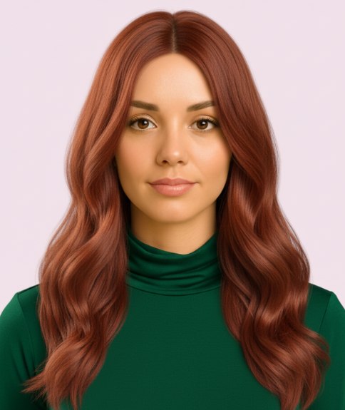 Longue coiffure auburn avec dégradé et ondulations