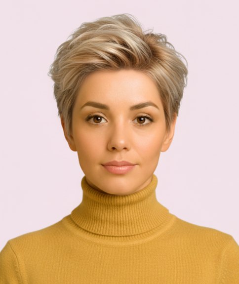 Coiffure féminine courte avec mèche relevée