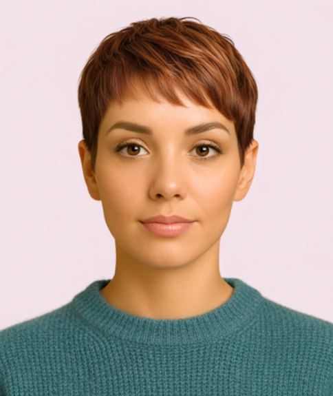 Coiffure courte avec couleur cuivre chaude