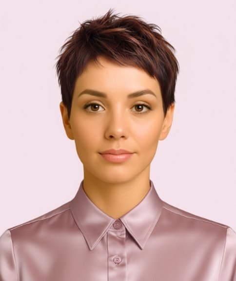 Coupe Courte - Pixie brun audacieux avec contours irréguliers