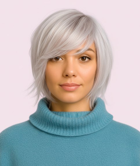 Coupe mi-longue avec dégradé doux pour cheveux blond platine