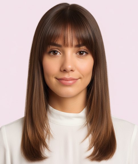 Coiffure longue et lisse avec frange encadrant le visage et dégradé subtil