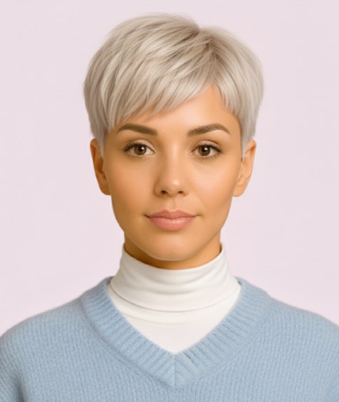 Coupe courte blond platine avec mèches traversant le front