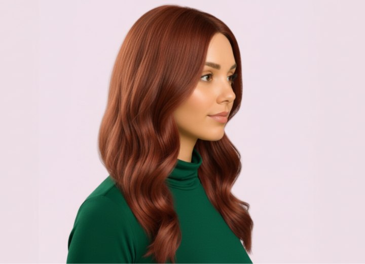 Style long pour cheveux auburn ondulés – Vue de côté