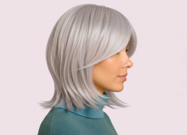 Style mi-long pour cheveux blond platine – Vue de côté