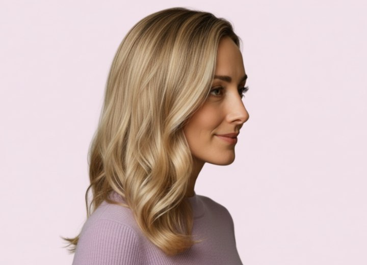 Cheveux longs avec raie de côté et mouvement fluide – Vue de côté