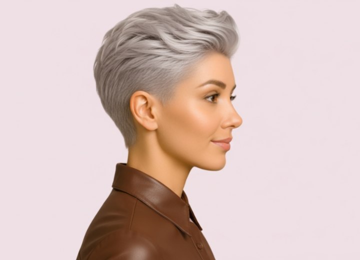 Coupe garçonne avec côtés rasés et vagues volumineuses sur le dessus