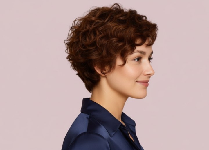 Cheveux courts avec un mélange de longueurs et de boucles – Vue de côté