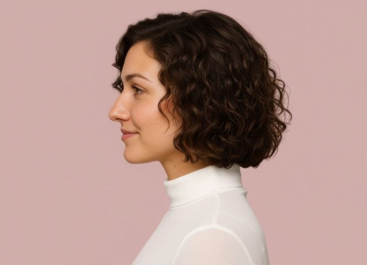 Carré court avec raie sur le côté et boucles – Vue de côté