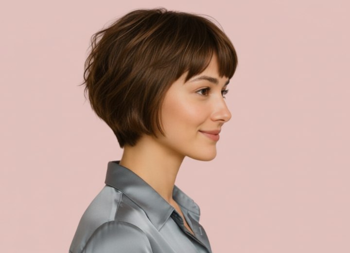 Carré avec frange juste au-dessus des sourcils – Vue de côté