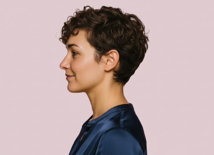 Coiffure courte avec des boucles douces – Vue de côté