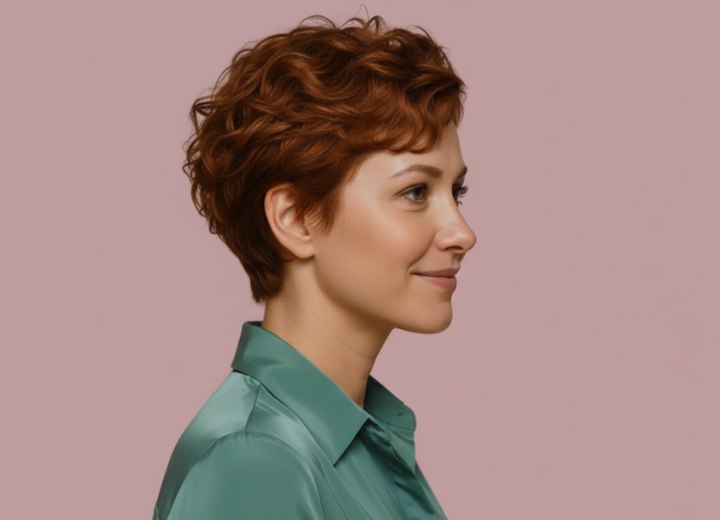 Cheveux courts roux cuivrés avec des boucles décoiffées – Vue de côté