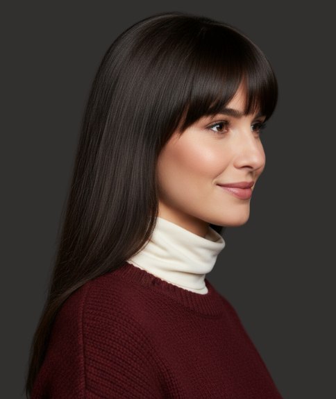 Coiffure longue et lisse avec frange