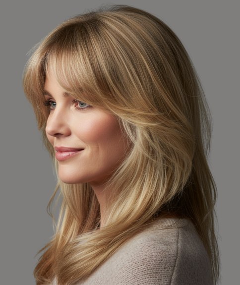Coiffure longue blonde ondul&eacute;e &ndash; Vue de profil