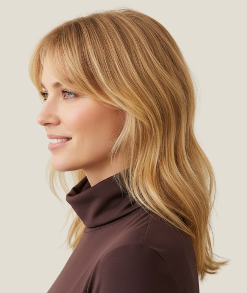 Cheveux longs blond miel &agrave; la texture naturelle &ndash; Vue de profil