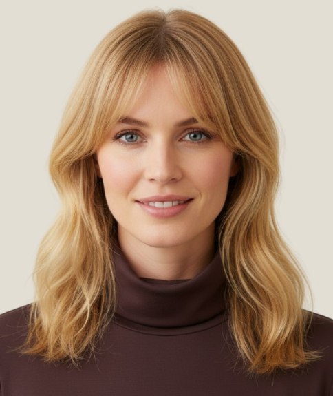 Coiffure longue &agrave; hauteur des clavicules avec frange rideau