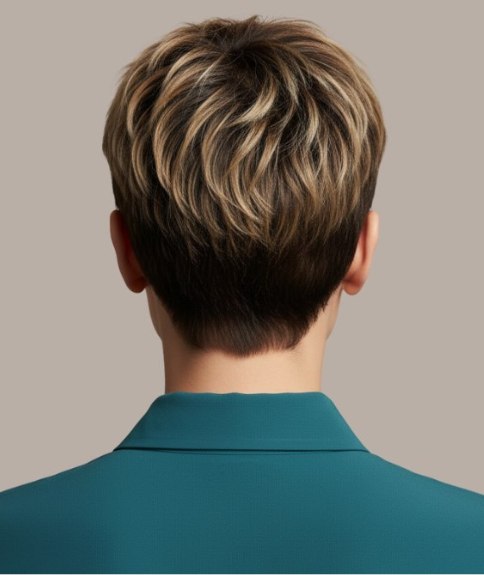 Cheveux courts bruns avec m&egrave;ches caramel, miel et dor&eacute;es &ndash; Vue de dos